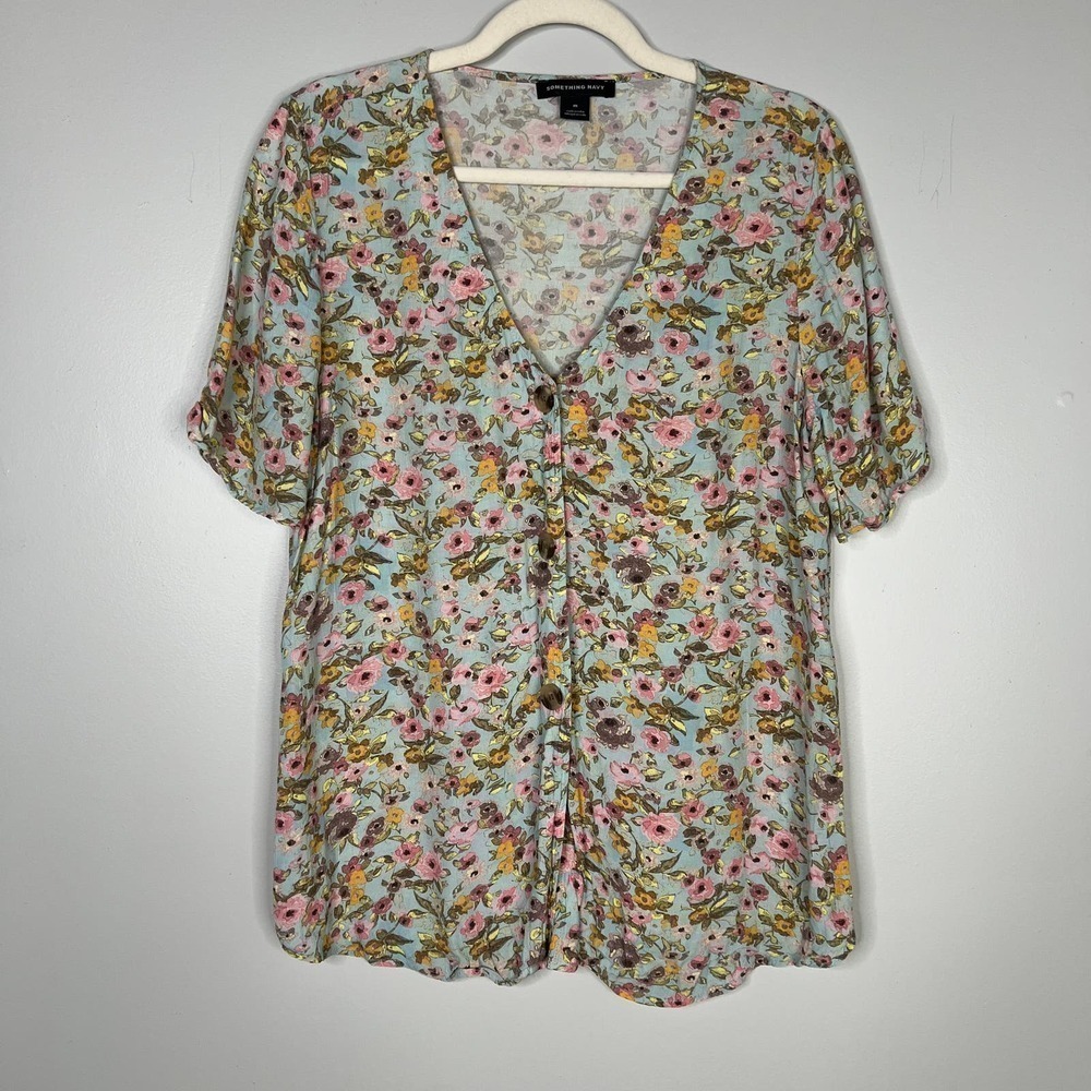 Something Navy Arielle Charnas Floral Button Front Tie Front Blouse Top Size Med